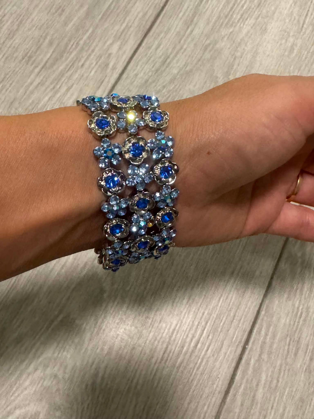 Vintage Blue Floral Bracelet, Boho Flower Cuff, Amber Rhinestone Bracelet, Silver Tone Jewelry, Unique Gift for Her