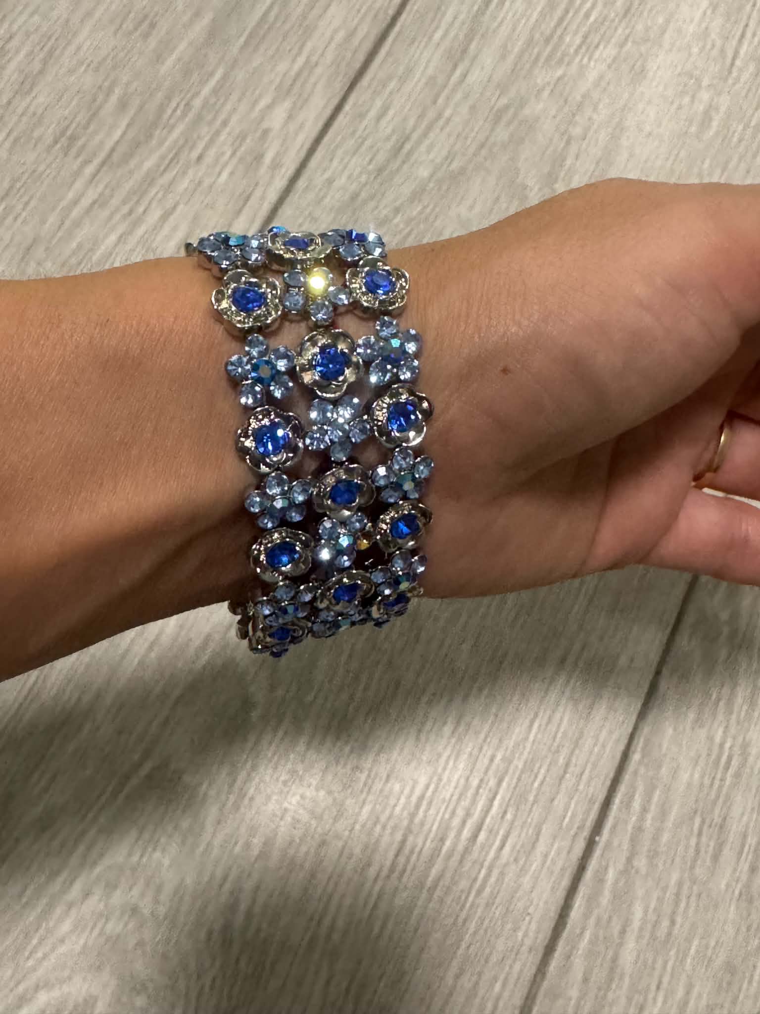 Vintage Blue Floral Bracelet, Boho Flower Cuff, Amber Rhinestone Bracelet, Silver Tone Jewelry, Unique Gift for Her