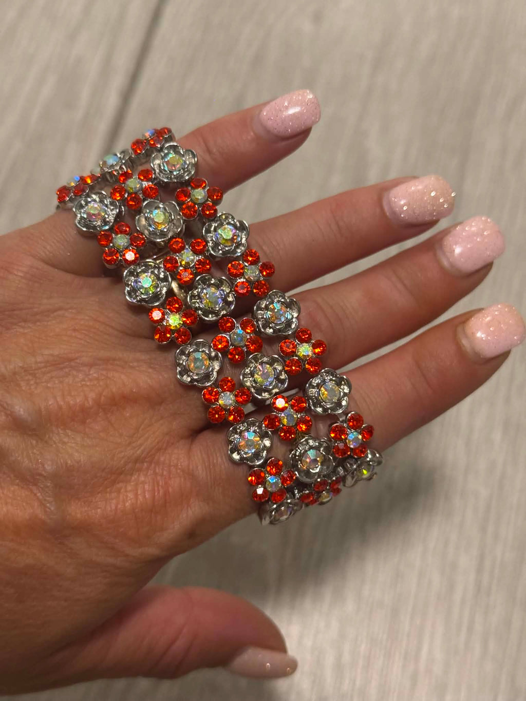 Red Crystal Statement Bracelet, Vintage Floral Rhinestone Cuff, Sparkly Silver Tone Jewelry, Evening Bracelet, Gift for Her