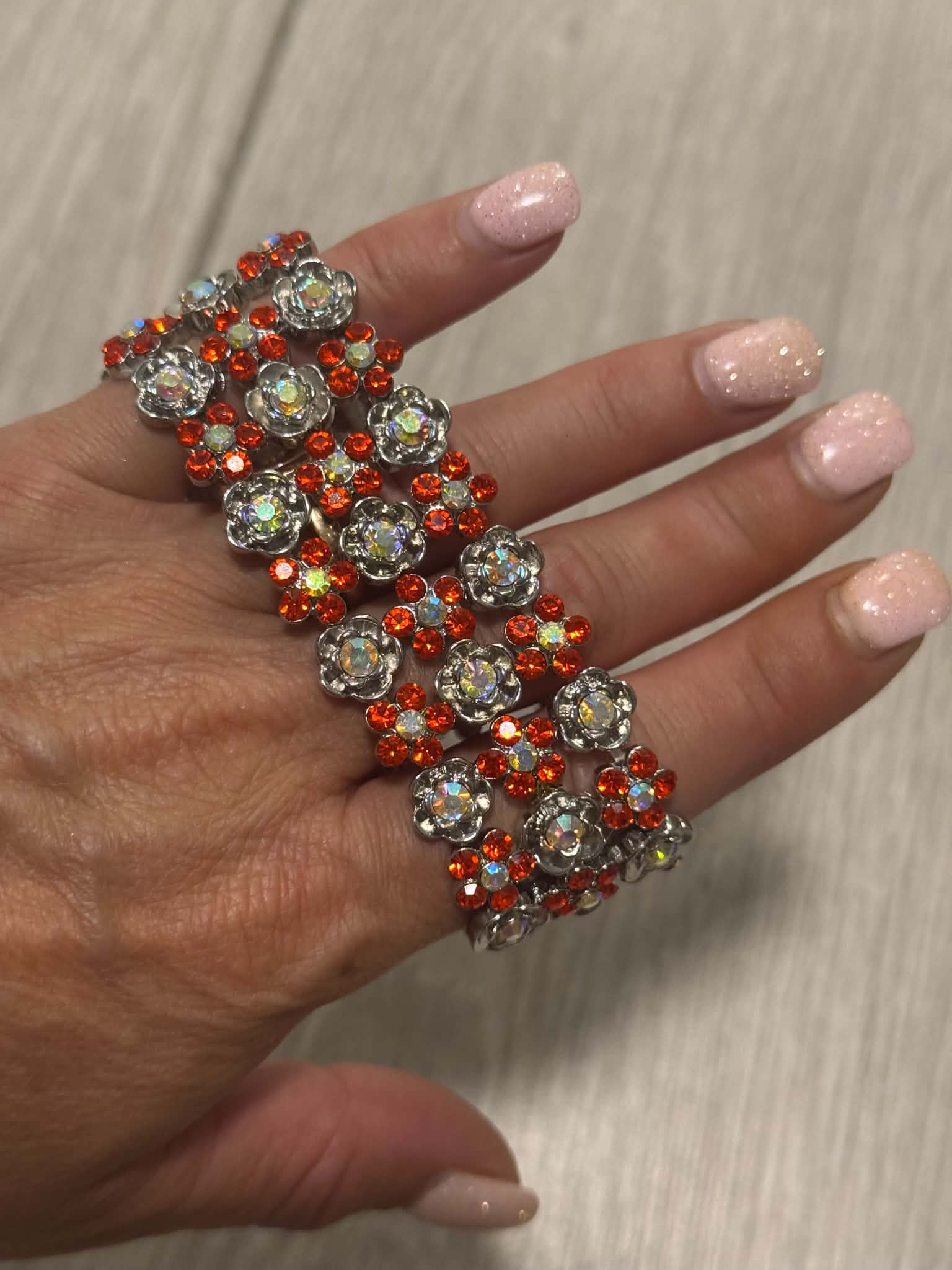 Red Crystal Statement Bracelet, Vintage Floral Rhinestone Cuff, Sparkly Silver Tone Jewelry, Evening Bracelet, Gift for Her