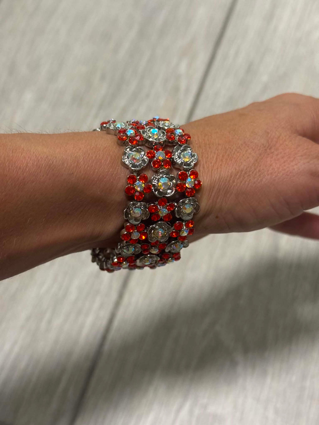 Red Crystal Statement Bracelet, Vintage Floral Rhinestone Cuff, Sparkly Silver Tone Jewelry, Evening Bracelet, Gift for Her