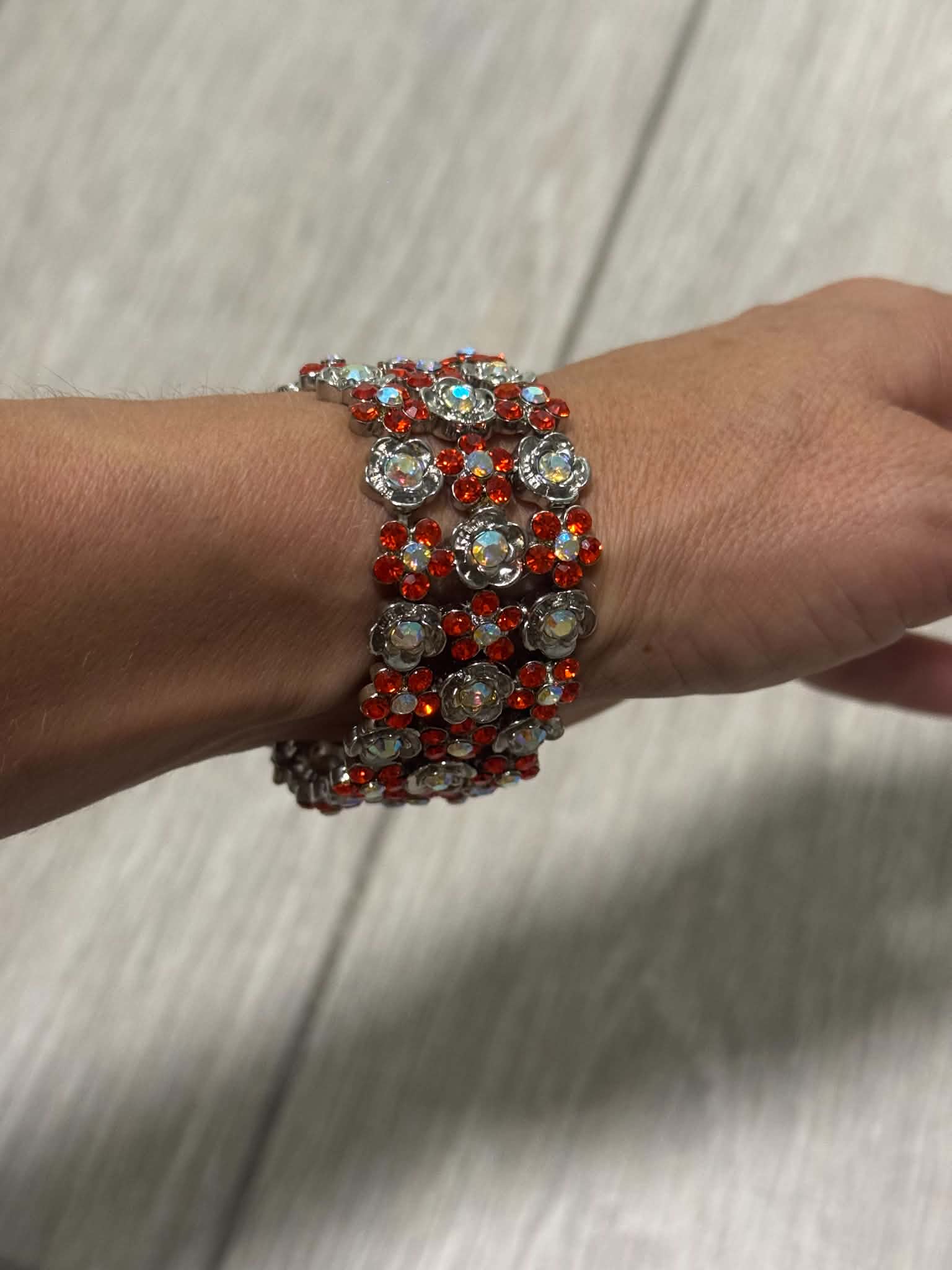 Red Crystal Statement Bracelet, Vintage Floral Rhinestone Cuff, Sparkly Silver Tone Jewelry, Evening Bracelet, Gift for Her