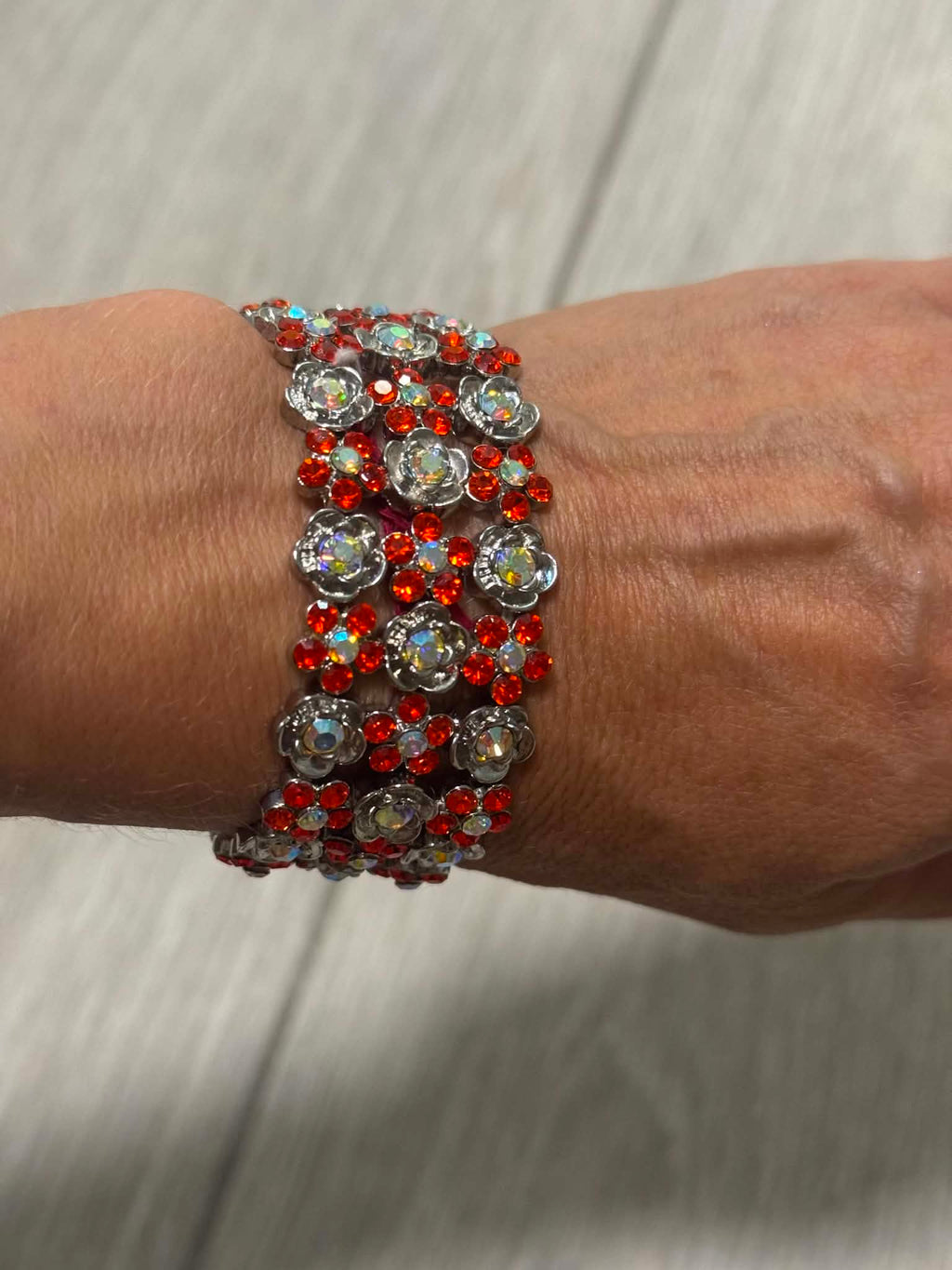 Red Crystal Statement Bracelet, Vintage Floral Rhinestone Cuff, Sparkly Silver Tone Jewelry, Evening Bracelet, Gift for Her