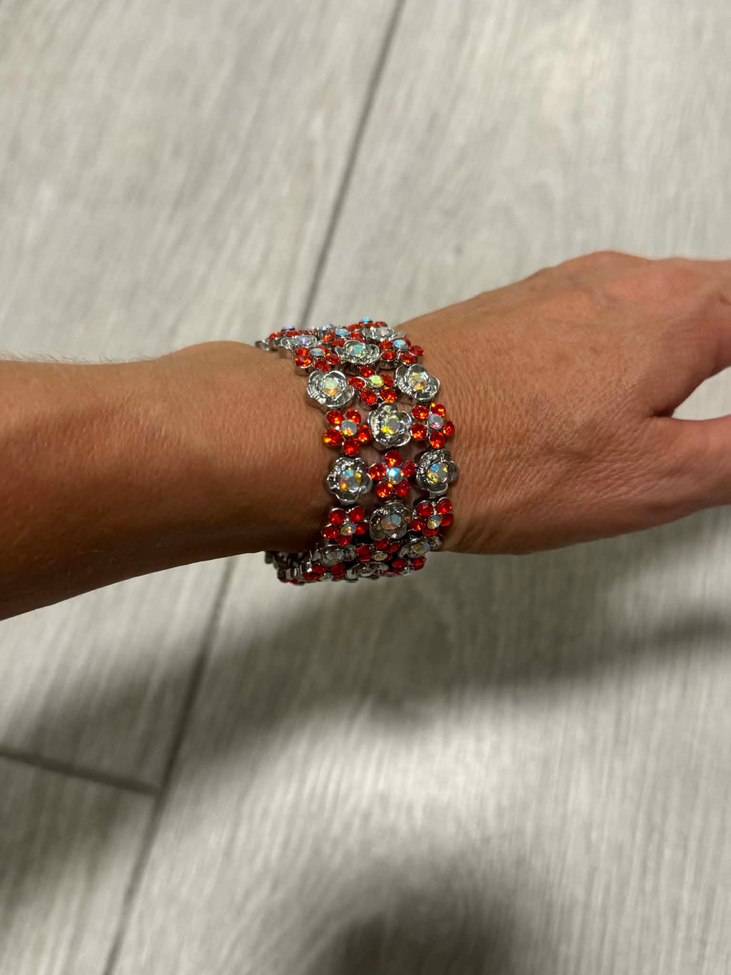 Red Crystal Statement Bracelet, Vintage Floral Rhinestone Cuff, Sparkly Silver Tone Jewelry, Evening Bracelet, Gift for Her