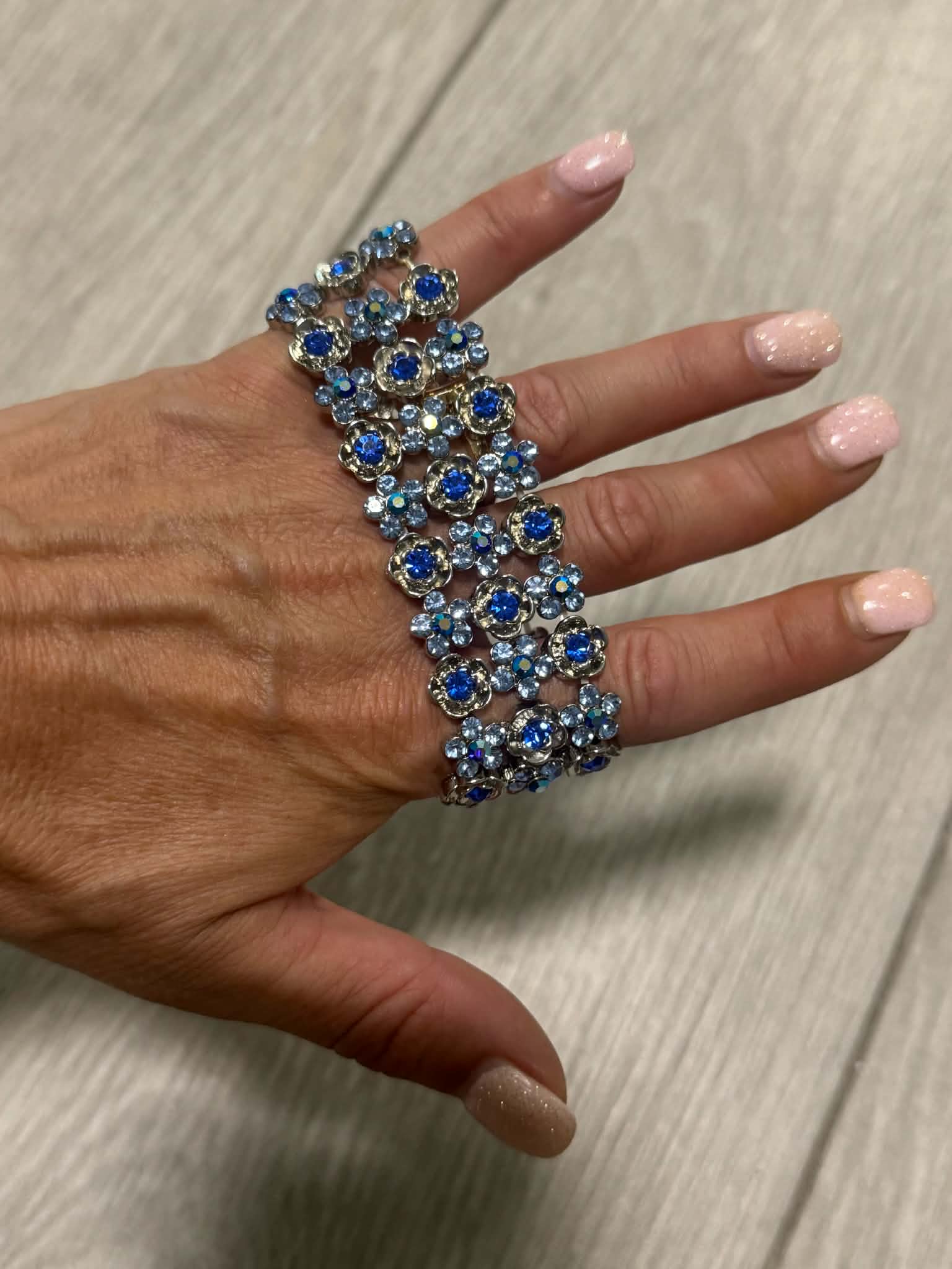 Vintage Blue Floral Bracelet, Boho Flower Cuff, Amber Rhinestone Bracelet, Silver Tone Jewelry, Unique Gift for Her