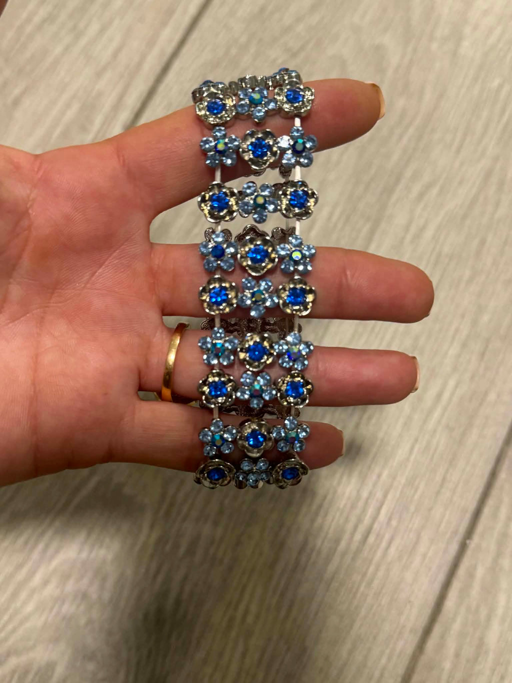 Vintage Blue Floral Bracelet, Boho Flower Cuff, Amber Rhinestone Bracelet, Silver Tone Jewelry, Unique Gift for Her