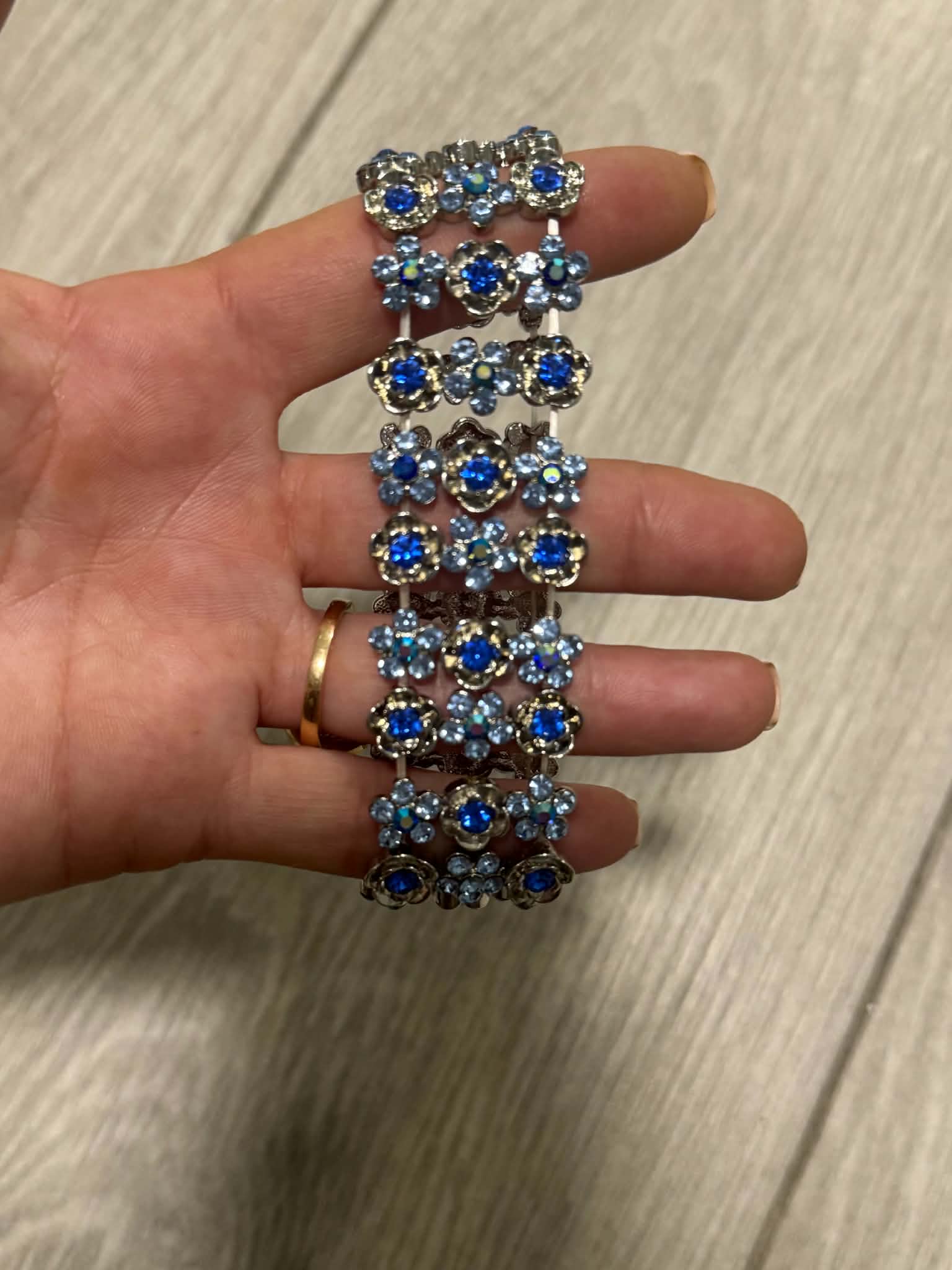 Vintage Blue Floral Bracelet, Boho Flower Cuff, Amber Rhinestone Bracelet, Silver Tone Jewelry, Unique Gift for Her