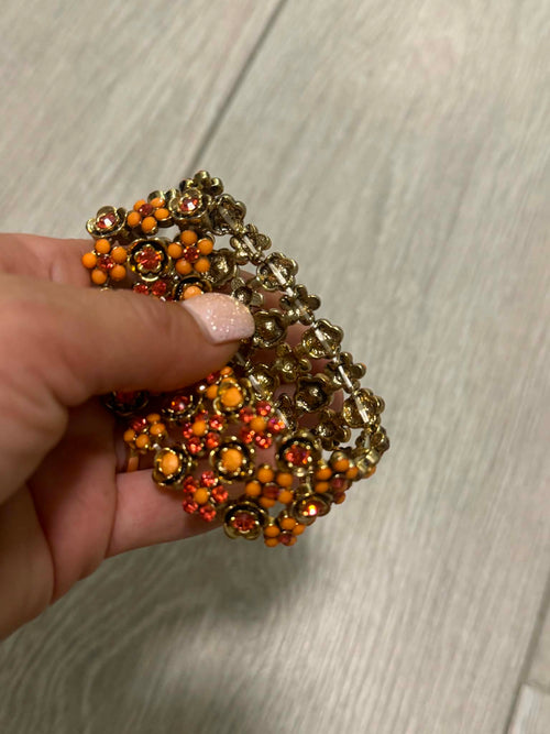 Vintage Orange Floral Statement Bracelet, Boho Flower Cuff, Amber Rhinestone Bracelet, Gold Tone Jewelry, Unique Gift for Her