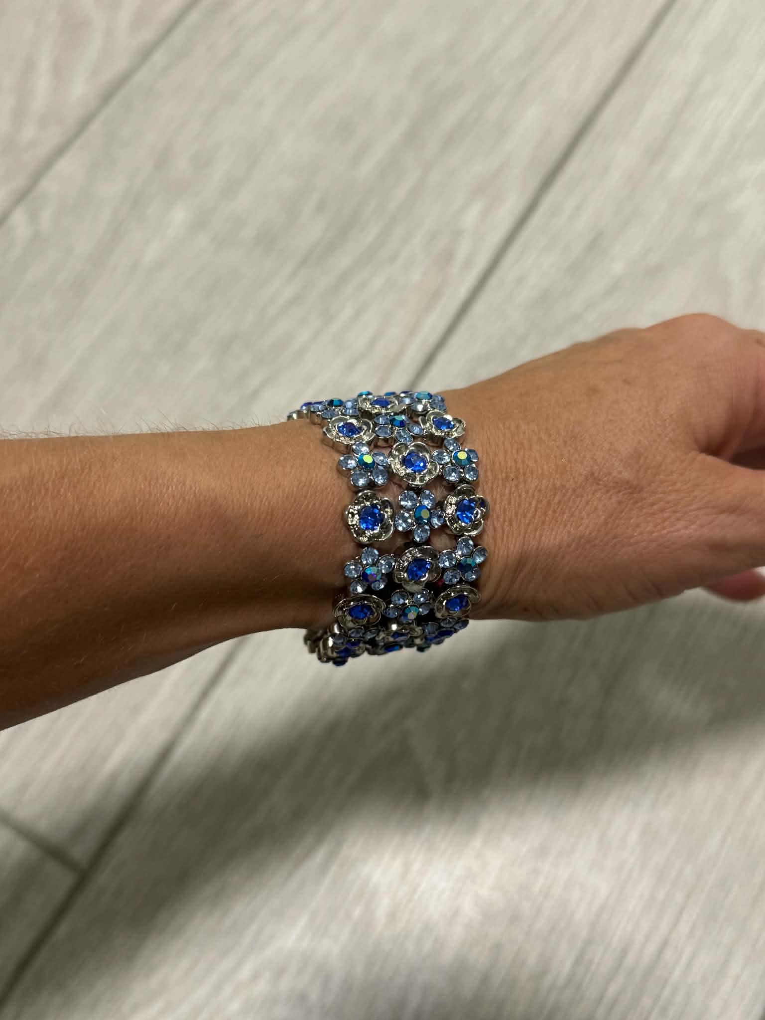 Vintage Blue Floral Bracelet, Boho Flower Cuff, Amber Rhinestone Bracelet, Silver Tone Jewelry, Unique Gift for Her