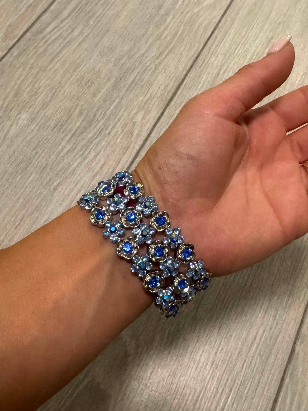 Vintage Blue Floral Bracelet, Boho Flower Cuff, Amber Rhinestone Bracelet, Silver Tone Jewelry, Unique Gift for Her