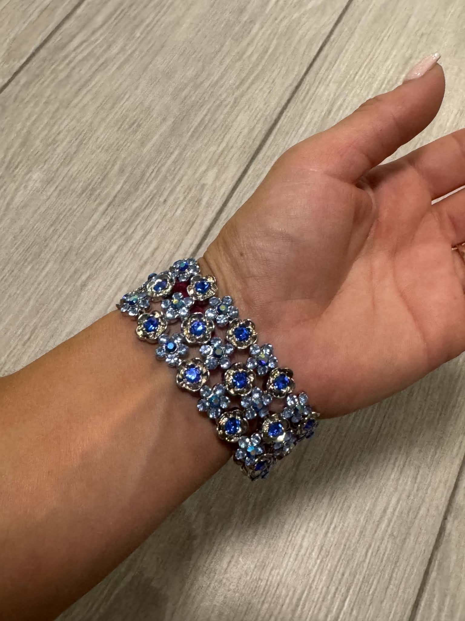 Vintage Blue Floral Bracelet, Boho Flower Cuff, Amber Rhinestone Bracelet, Silver Tone Jewelry, Unique Gift for Her