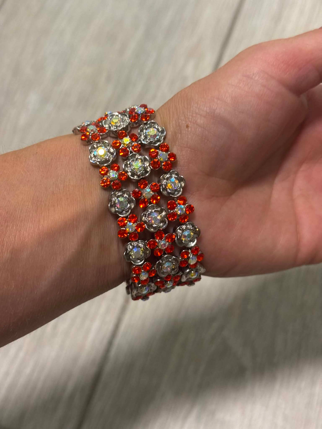 Red Crystal Statement Bracelet, Vintage Floral Rhinestone Cuff, Sparkly Silver Tone Jewelry, Evening Bracelet, Gift for Her