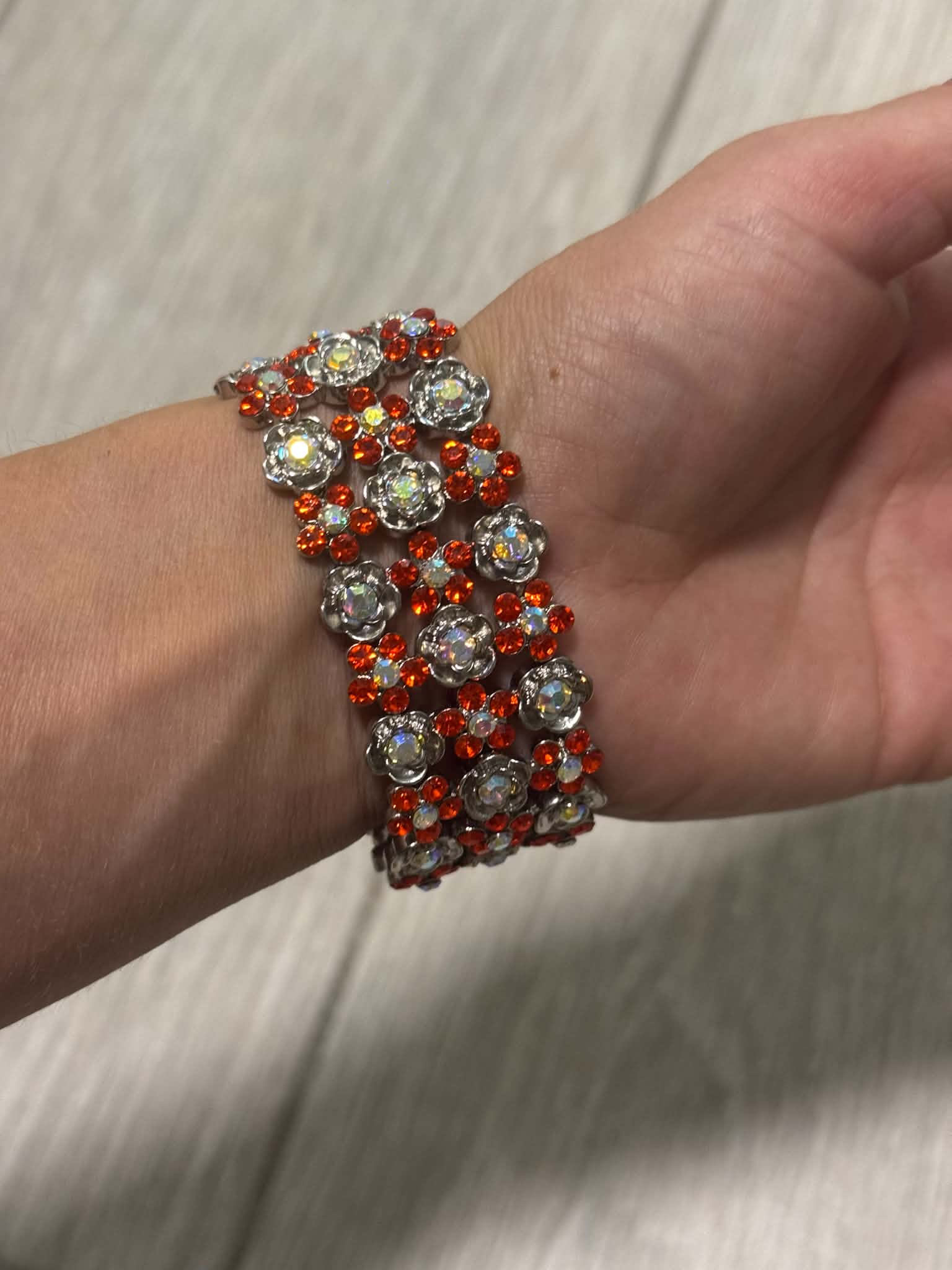 Red Crystal Statement Bracelet, Vintage Floral Rhinestone Cuff, Sparkly Silver Tone Jewelry, Evening Bracelet, Gift for Her