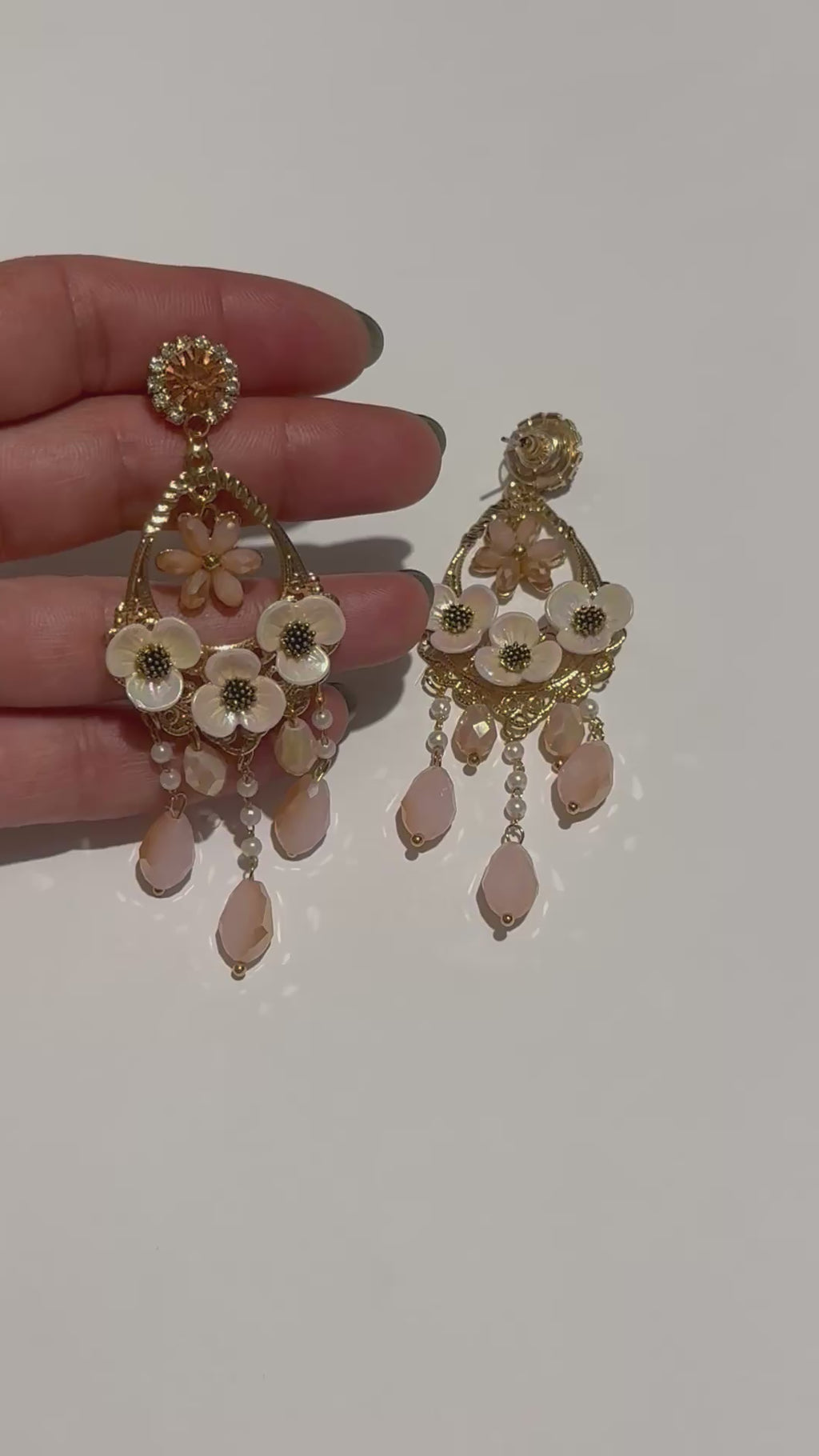 Floral Chandelier Earrings – Blush Pink Crystal & Pearl Drop Earrings – Gold Tone Statement Earrings – Romantic Vintage Inspired Jewelry